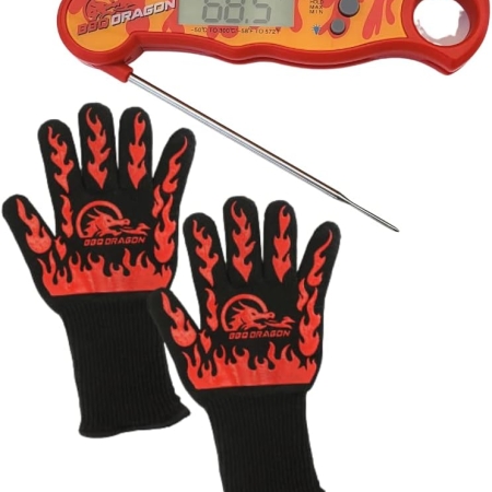 BBQ Dragon Ultimate Grill Accessories Set - Extreme Heat Resistant Gloves - Digital Meat Thermometer with Probe