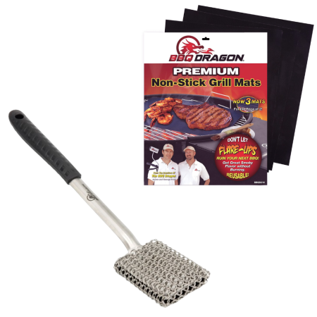 BBQ Dragon Ultimate Grill Accessories Set Grill Mats for Outdoor Grill - Set of 3 & Chainmail Grill Brush and Scraper